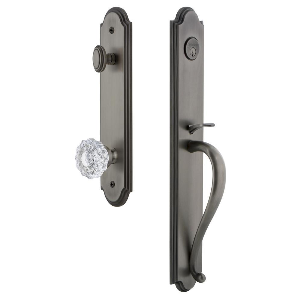 Grandeur by Nostalgic Warehouse ARCSGRVER Arc One-Piece Handleset with S Grip and Versailles Knob in Antique Pewter